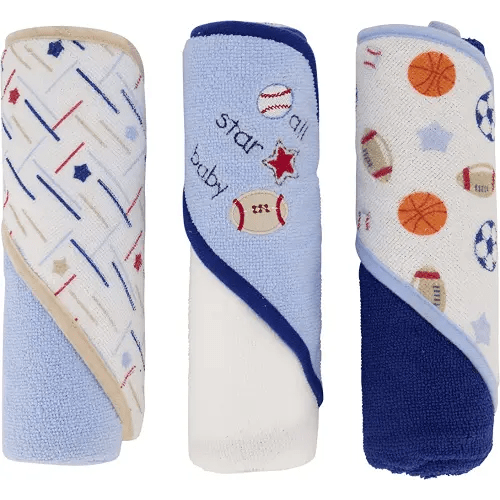 Cudlie Buttons & Stitches Baby Boy 3 Pack Rolled/Carded Hooded Towels in All Star Baby Print (GS71720),3 Count (Pack of 1)