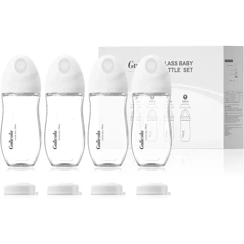 Natural Glass Baby Bottle 8 oz for Breastfed Babies, Anti-Colic Baby Bottle Set with Medium Flow Nipple, 3 Months +, 4 Pack - White