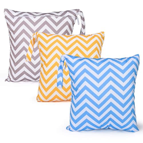 eaxin 3 PCs Cloth Diaper Wet Dry Bags Waterproof Reusable Stroller Travel Beach Pool Daycare Soiled Baby Items Yoga Gym Bag for Swimsuits or Wet Clothes-Chevron-11 x 11"