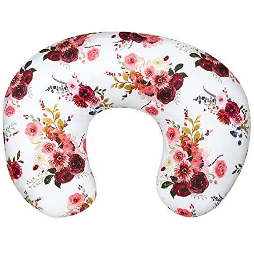 Floral Nursing Pillow Cover for Baby Girl, Soft Organic Breastfeeding Pillow Slipcover, Newborn Feeding Pillow Cover, Burgundy Watercolor Flower
