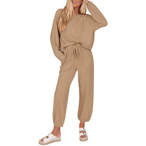 KIRUNDO Lounge Sets for Women 2026 Spring Travel Airport Outfits Ribbed Knit Tops Jogger Pants Tracksuit Postpartum Comfy Set