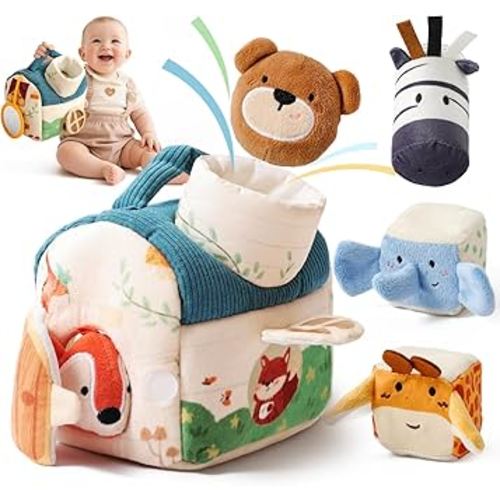 Youuys Travel Sensory Toys for Babies 6-12 Months & Toddlers 1-3 Year Old On-The-Go Montessori Soft Stuffed Animal Set with Crinkle, Rattle, Safe Mirror Educational for Kids Boy Girl