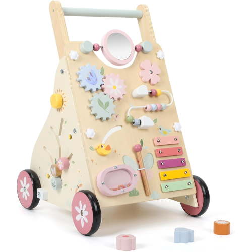 JQJQWooden Baby Walker, Baby Push Walker, Push Walker Toys for Babies Learning to Walk & Sit-to-Stand, with Montessori Sensory Toy & Activity Center for Girls Boys