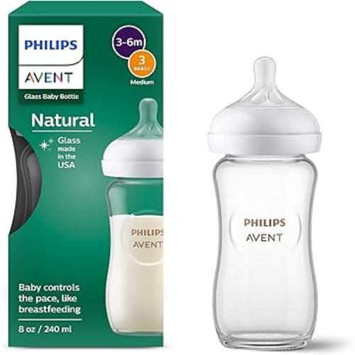 Philips Avent Natural Glass Baby Bottle with Natural Response Nipple (Medium Flow, Flow 3), 8oz, SCY913/01