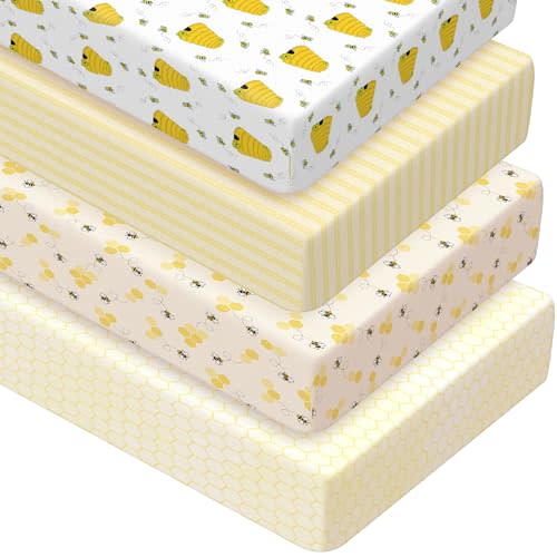 Peryiter 4 Pack Crib Sheets Girl Soft Baby Bed Sheet Set 52'' x 28" Nursery Crib Sheets for Standard Bed for Nursery Decor Baby Boys or Girls(Yellow,Bee)