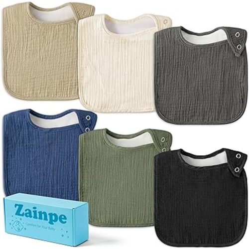 Zainpe 6Pcs Snap Muslin Cotton Baby Bibs Soft Absorbent Infant Bib Adjustable Bandana Drool Bib for Boy Girl 0-36 Months