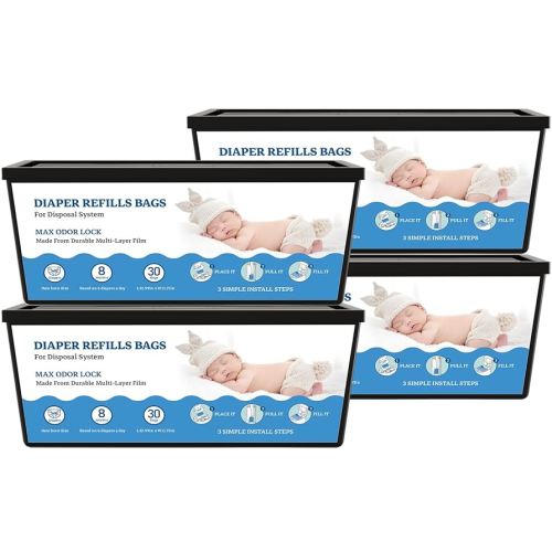 Diaper Refill Bags Compatible with Genie Easy Roll & Platinum Diaper Pails, 7-Layer Odor Control, Extra Thick, 4-pack (120 Bags), Holds up to 5600 Newborn Diapers