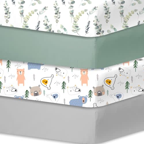 Bimocosy Crib Sheets for Boys Girls, Fitted Crib Sheet 4 Pack for Standard Crib and Toddler Mattresses, Super Soft Breathable Microfiber Baby Sheet 28x52x8in, Leaf/Bear/Gray/Green