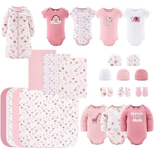 The Peanutshell Baby Layette Gift Set for Baby Girls - 23 Piece New Born Baby Girl Gift Set, Baby Clothes & Newborn Essentials Must Haves - Newborn Baby Girl Clothes 0-3 Months - Rainbow Safari