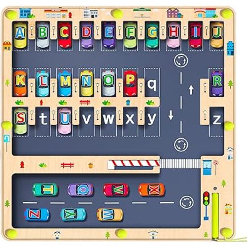 Magnetic Alphabet Maze Letter Puzzle Board, NOWRICH Montessori Toys for 2 3 4 5 Years Old Boys Girls, Magnet Alphabet Learning Car Parking Maze Toys for Kids 3-5, Birthday Gifts for Toddler