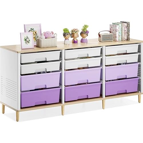 Storage Cabinet with 12 Drawers, Home Storage With Wooden Tabletop, Cube Storage Organizer for Living Room, Bedroom, Classroom, Office, Playroom, Craft Room, (Purple)