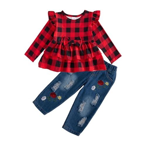 NZRVAWS Baby Girl Clothes Toddler Girl Outfits Infant Ruffle Shirt Denim Ripped Jeans Cute Clothing Set