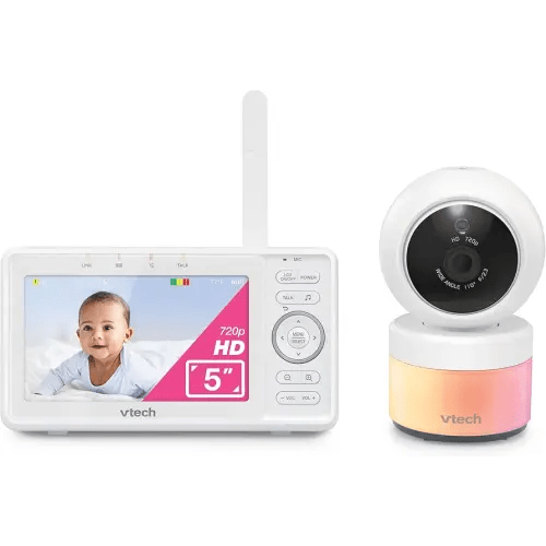 VTech Video Baby Monitor with Camera and Audio, 5" HD LCD Screen, Pan-Tilt-Zoom, 2-Way Talk, VOX Mode, Night Lights, Lullabies, Soothing Sounds, Temperature sensor, Long Range, No WiFi: VM5263 (White)
