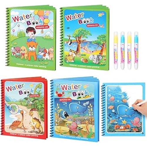4 Pack Reusable Water Coloring Books for Toddlers, Paint with Water Books,Mess-Free Coloring Book, Portable Educational Doodle Drawing Toy, Improving Children's Imagination, Color Perception