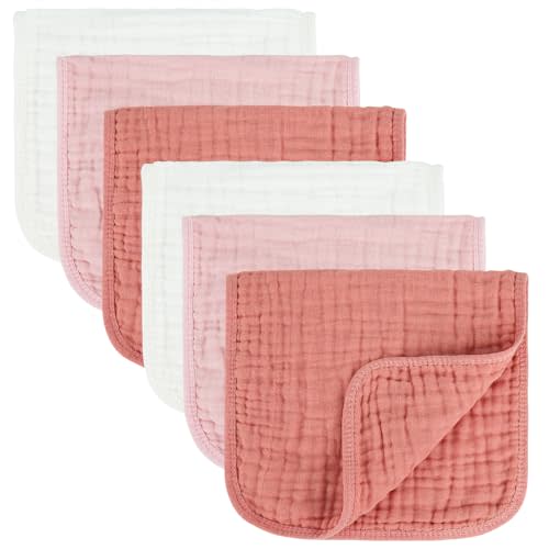 MIGIOL Baby Burp Cloth 100% Cotton Newborn Cotton Muslin Burp Cloth 10x20 inches (White & Pink 6 Pieces)