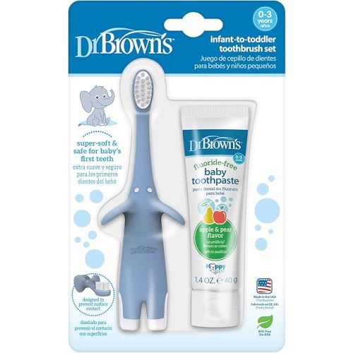 Dr. Brown's Infant-to-Toddler Training Toothbrush Set, Blue Elephant with Fluoride-Free Apple Pear Baby Toothpaste, 0-3 years