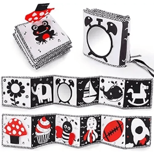 Black and White High Contrast Toys for Baby 0-3 3-6 months Infant Tummy Time Soft Book Sensory Musical Toy 0-2-4-6 month Babies Brain Development Crinkle Book Mirror Newborn Easter Basket Stuffer