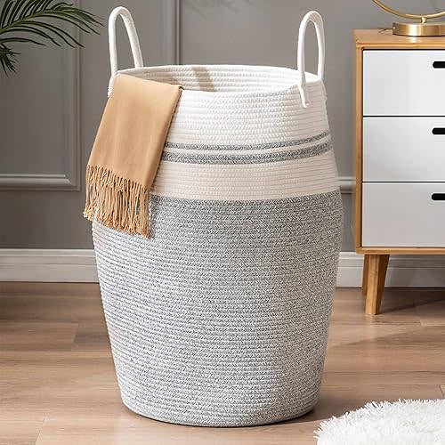 Cotton Rope Laundry Hamper by YOUDENOVA, 105L - Woven Collapsible Laundry Basket - Clothes Storage Basket for Blankets organizing, Bedroom Storage, Clothes Hamper – Dark Grey