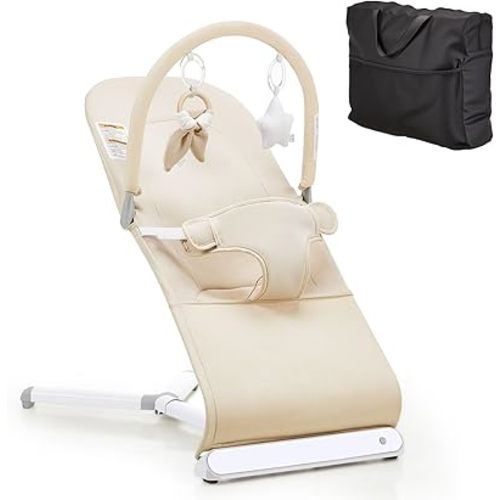 Lilian&Gema Baby Bouncer, Height-Adjustable Infant Bouncer Seat for Babies 0-6 Months, Newborn Bouncer with Soothing Music&Carry Bag, No Assembly