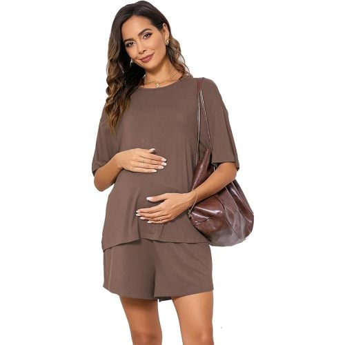OYOANGLE Women's Maternity 2 Pieces Pajamas Outfits Casual Short Sleeve T-shirt Top and Shorts Loungewear