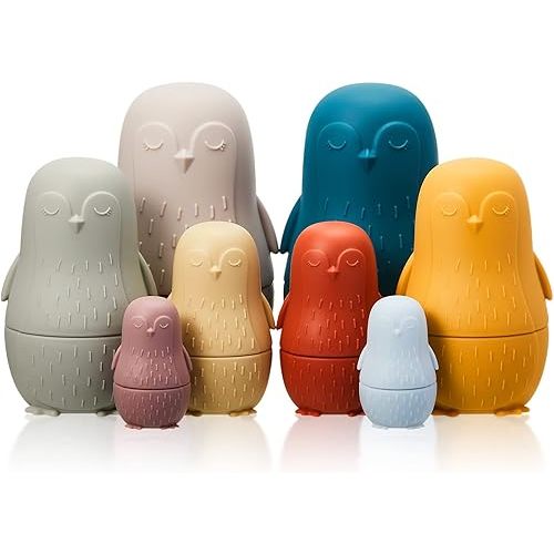 Chivao 8 Pieces Russian Nesting Dolls Silicone Matryoshka Doll Educational Stacking Nesting Dolls for Toddlers Vivid Food Grade Baby Teether for Kids(Penguin)