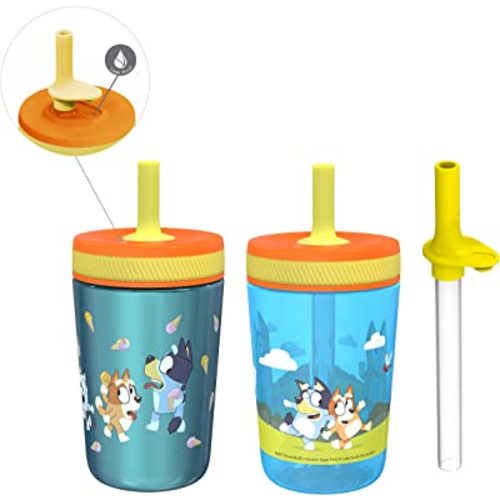 Zak Designs Bluey Kelso Tumbler Set, 15 fl.oz. Leak-Proof Screw-On Lid with Straw, Bundle for Kids Includes Plastic and Stainless Steel Cups with Bonus Sipper, 3pc Set, Non-BPA