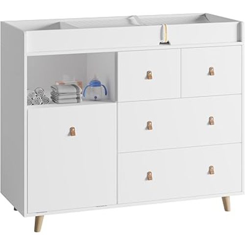 Baby Changing Table Dresser with Drawers, 45 Inch Hidden Trash Storage, Nursery Dresser with Changing Station,Storage Dresser Chest for Infant, White