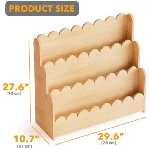 3-Tier Scalloped Bookshelf, Montessori Bookcase for Toddlers, Wooden Book Shelf Organizer Display Furniture for Kids Rooms, Playroom, Nursery and Classroom, Natural