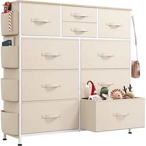WLIVE 10 Drawer Fabric Dresser for Bedroom, Side Pocket Chest, Cream White