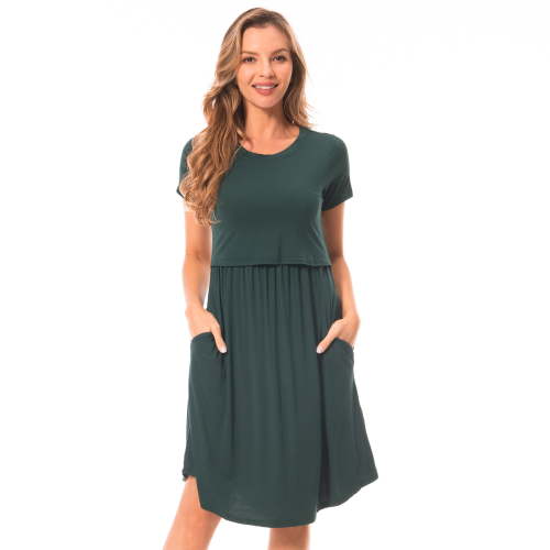 BearslandFemale Short Sleeve MidiMaternityNursingDress Casual Pocket Dress