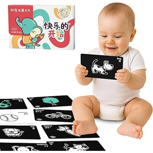 Happy Start High Contrast Baby Cards for Newborns - Black & White Cards, Water-Resistant, BPA-Free, Portable Educational Flashcards for Visual Stimulation, Award-Winning, Ages 0+ (English & Chinese)