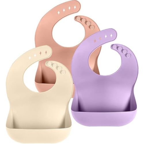 Cuddle Campus Set of 3 Silicone Bibs for Babies & Toddlers,Soft Adjustable Bibs with Pocket Food Catcher for Baby Girl,Boy