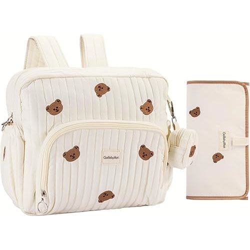 Diaper Bag Backpack, Mini Maternity baby bag with Changing Pad, Insulated Pockets, Stroller Straps & Pacifier Case (Beige - Bears)
