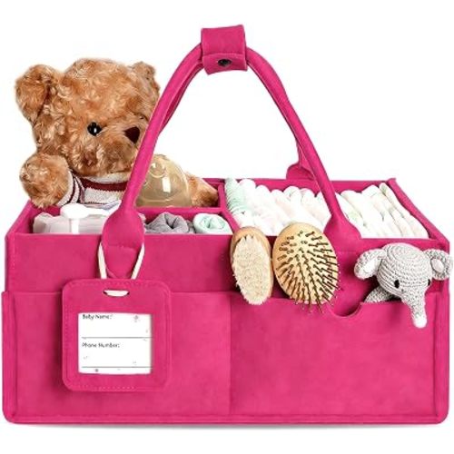 GEMII Diaper Caddy Organizer-Large Baby Caddy Organizer with Handle, Newborn Registry Essentials, Baby Shower Basket Gifts for Boys or Girls (Pink, Large)