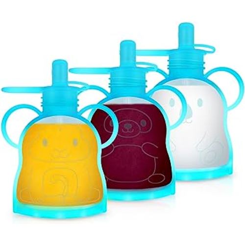 Morlike Refillable Silicone Baby Food Pouches, Reusable Squeeze Storage containers Bags with Straws for Toddlers Kids, BPA Free & Freezable, 4.5oz (Blue- 3 Pack)