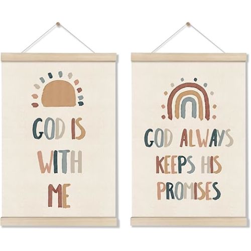 DOI-LANEE Christian Canvas Wall Art, Set of 2 Christian Nursery Artwork, Classroom Posters Hanger Frame, Sunday School Decorations, Boho Rainbow Classroom Decor 16x12 Inch