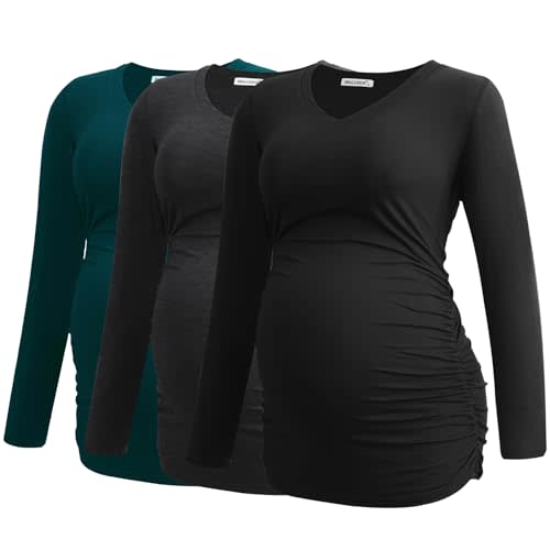 Smallshow Women's V-Neck Maternity Shirt Clothes Long Sleeve Ruched Pregnancy Top