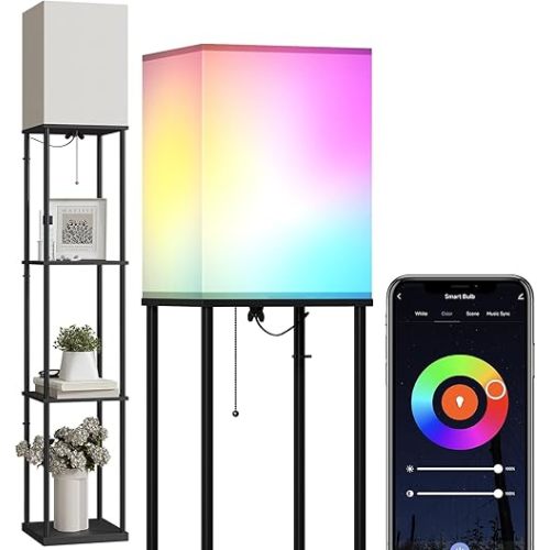 SUNMORY Floor Lamp with Shelves, Smart APP Control Standing Lamps with RGB Bulb, 4-Tier Dimmable Floor Lamps for Living Room, Tall Lamp for Bedroom, Office, Corner Display Bookshelf Lamp
