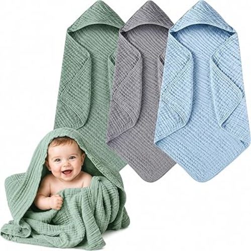 Momsnug 3-Pack Muslin Hooded Baby Towels, Green + Grey + Blue, 35" X 35"