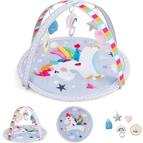 BABY JOY Baby Gyms & Playmats, All-In-One Infant Tummy Time Mat with 5 Detachable Hanging Toys, Skin-Friendly & Washable Seat Cover, Baby Play Activity Mat for Newborn Toddler Infants, Unicorn Pattern