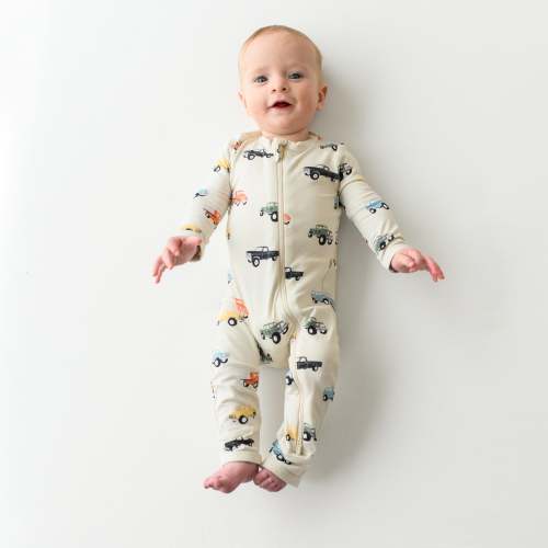 Bamboo Zippered Romper in Vintage Truck Print | Kyte Baby
