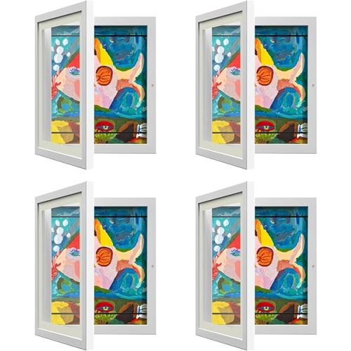 4 Pack Kids Art Frames, Kids Artwork Frames Changeable 8 x10.5 with Mat and 9 x12 Without Mat, White Front Opening Children Picture Storage Frame for Wall Holds 50Pcs Crafts, Drawing, Art Projects