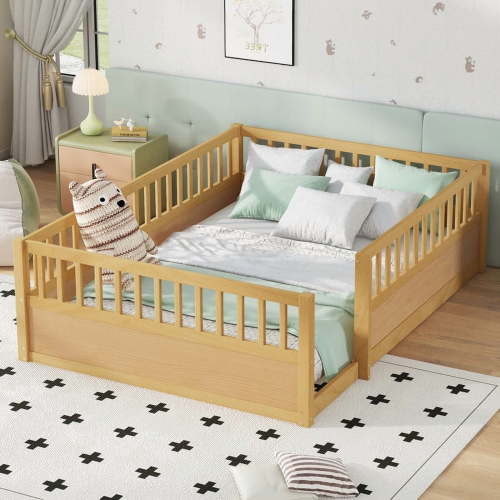 Bellemave Full Size Floor Bed, Full Montessori Bed Frame with High Fence Rails, Solid Wood Full Beds Frame, Easy Assembly Platform Beds, No Slats Included (Natural)