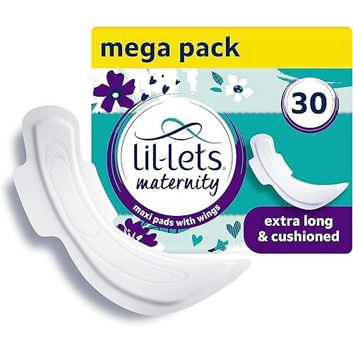 Lil-Lets Extra Long Postpartum Maxi Pads with Wings – 30 Pack Bundle for Post-Natal Bleeding & Heavy Flow – Postpartum Essentials - Extra Absorbent, Soft & Cushioned Maternity Towels, Fragrance-Free