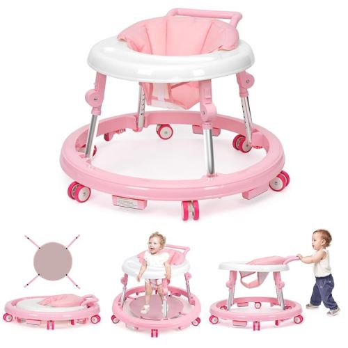 Baby Walker Foldable with 9 Adjustable Heights, Baby Walker with Wheels Portable, Infant Toddler Walker for Baby Boy Girls 6-18 Months (Pink)