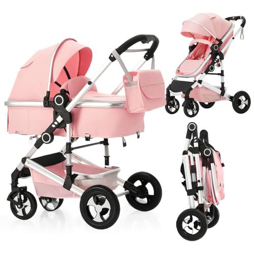 2 in 1 Baby Stroller, Convertible Pushchair Stroller w/Reversible Seat, Foldable Newborn Pram Carriage, Adjustable Canopy, Storage Basket, Diaper Bag & Cup Holder, 0-36 Months, Pink