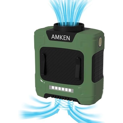AMKEN Waist Fan - 3-Speed Clip-On Belt Fan, 16000RPM Strong Airflow, 24H Rechargeable Battery (10000mAh), LED SOS & Red-blue Light - Portable Cooling for Jobsite, Camping, Fishing, Outdoor