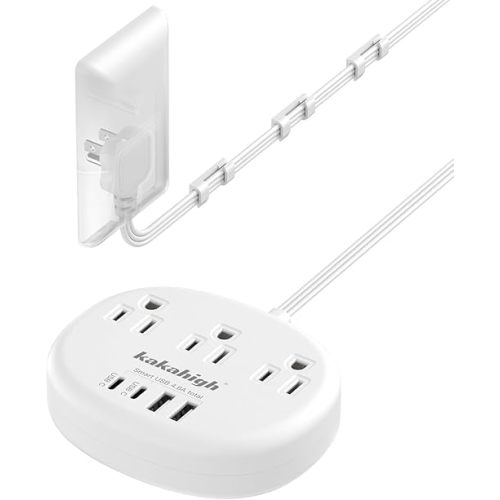 Flat Extension Cord with Outlet Cover & Cable Clips- 5 FT, 1625W Child Proof Extension Cord with 3 AC Outlet 4 USB (24W/4.8A), Flat 90 Degree Power Strip for Behind Furniture Couch Sofa TV, etc