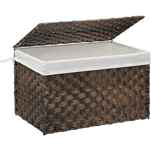 Wicker Storage Basket with Lid, 27.7 Gallon (105L) Large Blanket Basket with Lid, Woven Storage Bin with Handles, Removable Liner, Metal Frame, Foldable, for Bedroom, Laundry Room, Brown