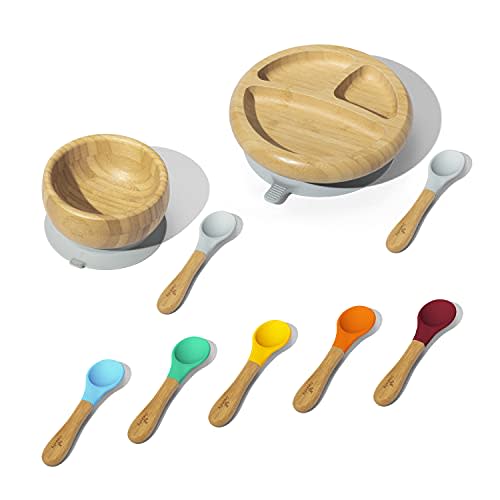 Avanchy Bamboo Baby Bowl Set - Gray, 4 Pieces, BPA Free, Suction Cup Base, Easy Cleanup